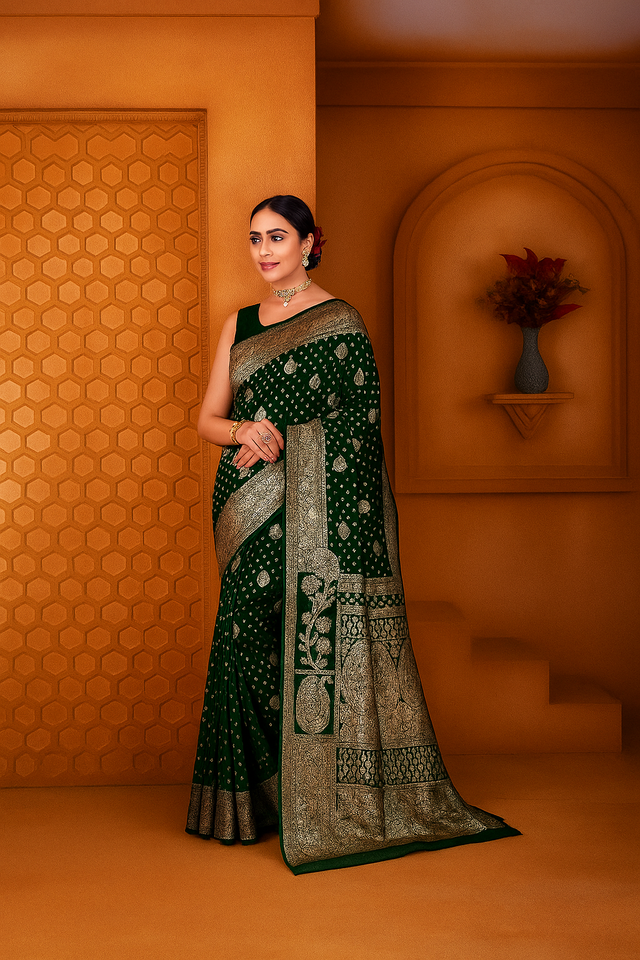 Peppilo Dark Green Soft Silk Indian Ethnic Saree