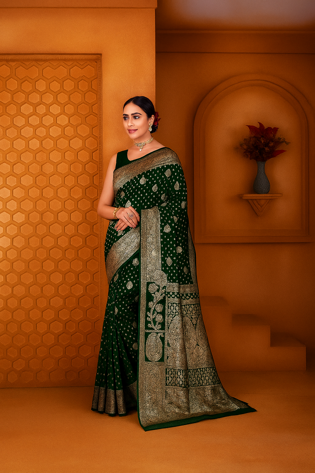 Peppilo Dark Green Soft Silk Indian Ethnic Saree
