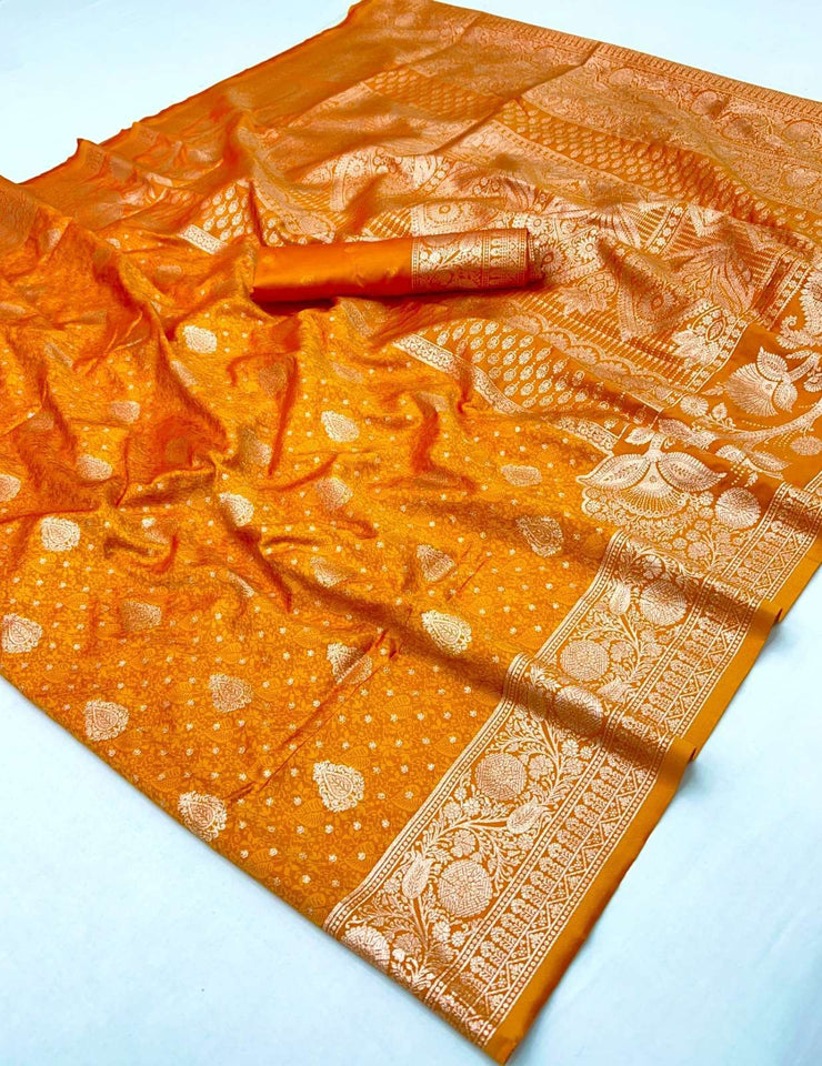 Peppilo Marigold Orange Soft Silk Indian Ethnic Saree