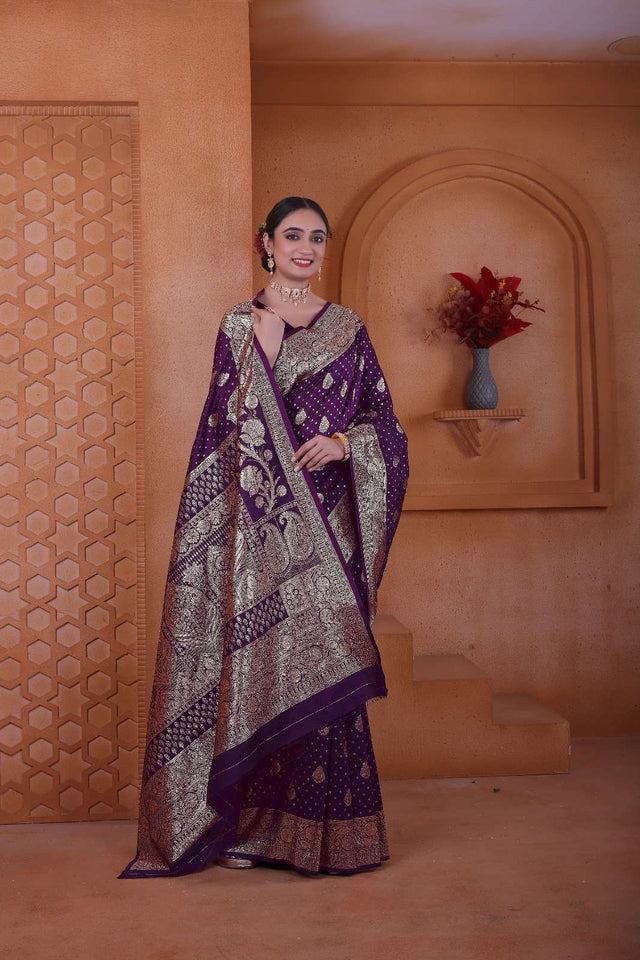 Peppilo Royal Purple Soft Silk Indian Ethnic Saree
