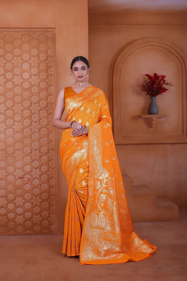 Peppilo Marigold Orange Soft Silk Indian Ethnic Saree