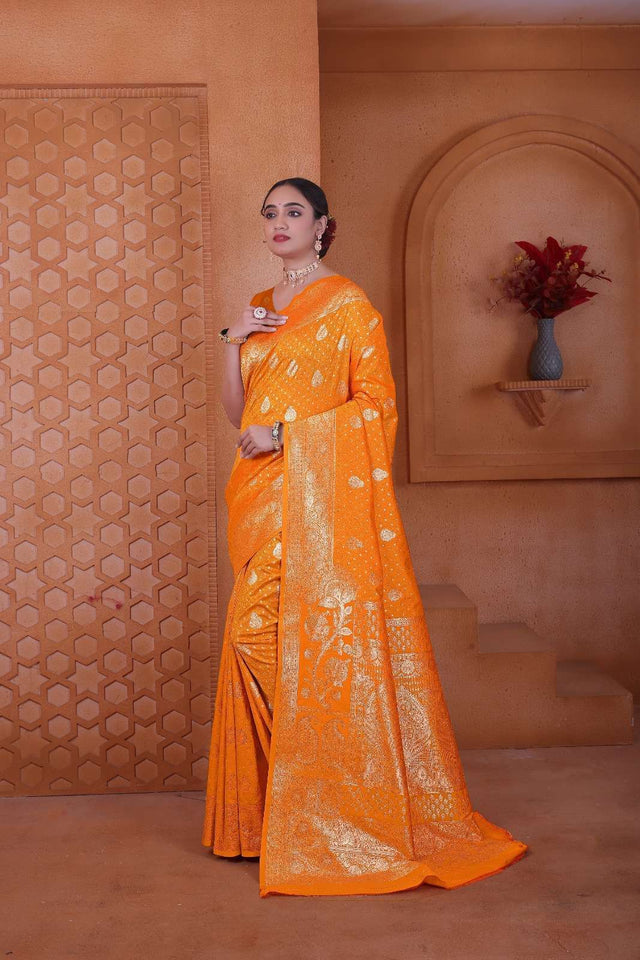 Peppilo Marigold Orange Soft Silk Indian Ethnic Saree