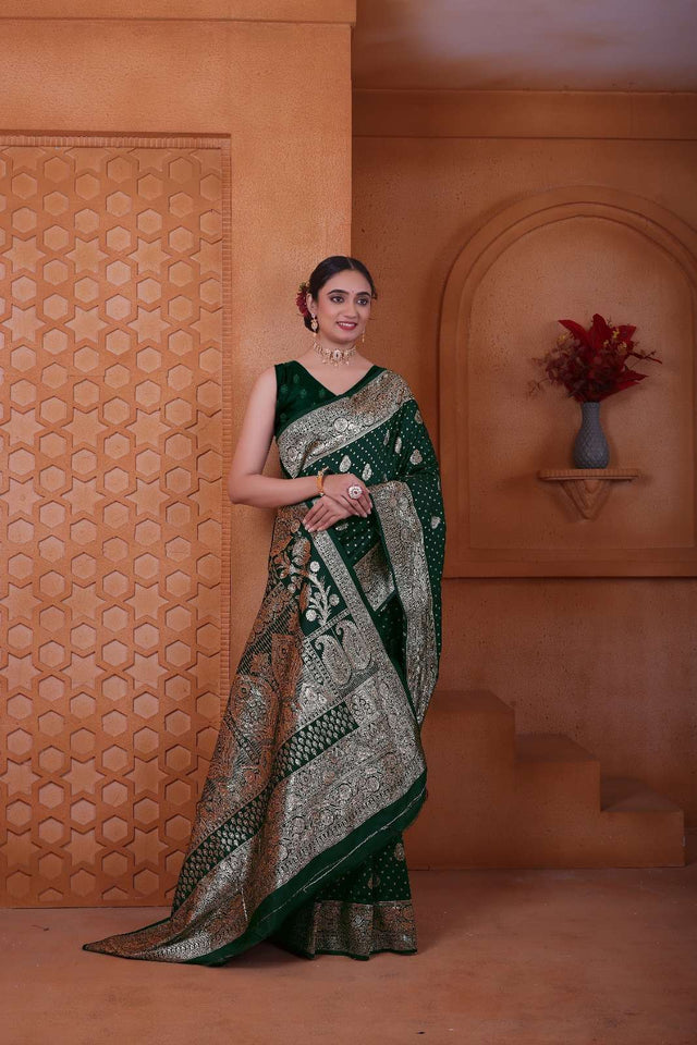Peppilo Dark Green Soft Silk Indian Ethnic Saree