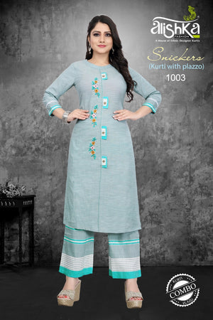 Aqua Cotton with Work Indian Ethnic kurti with dupata