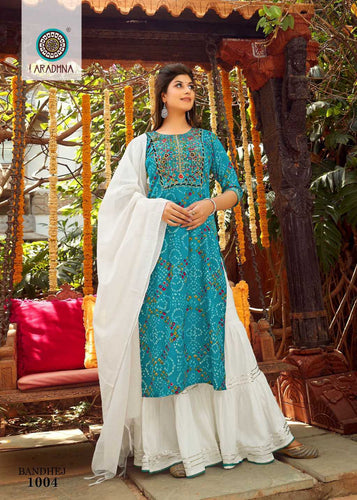 Aqua Rayon Print (Liva Approved) with Embroidery & Lace Indian Ethnic kurti with dupata