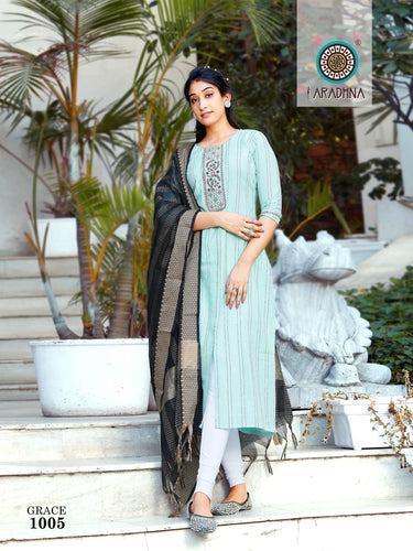 Aqua Weaved Cotton with Embroidery Indian Ethnic Kurti With Dupata