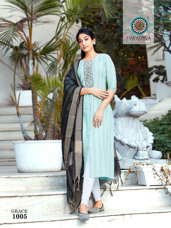 Aqua Weaved Cotton with Embroidery Indian Ethnic Kurti With Dupata