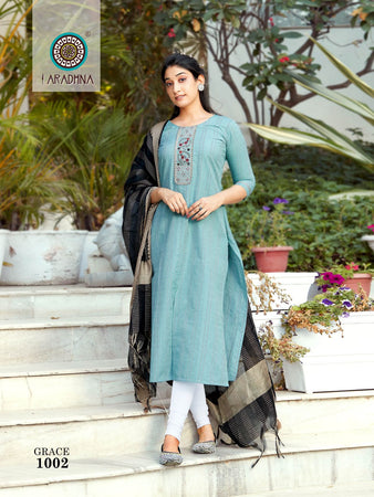 Aqua Weaved Cotton with Embroidery Indian Ethnic Kurti With Dupata