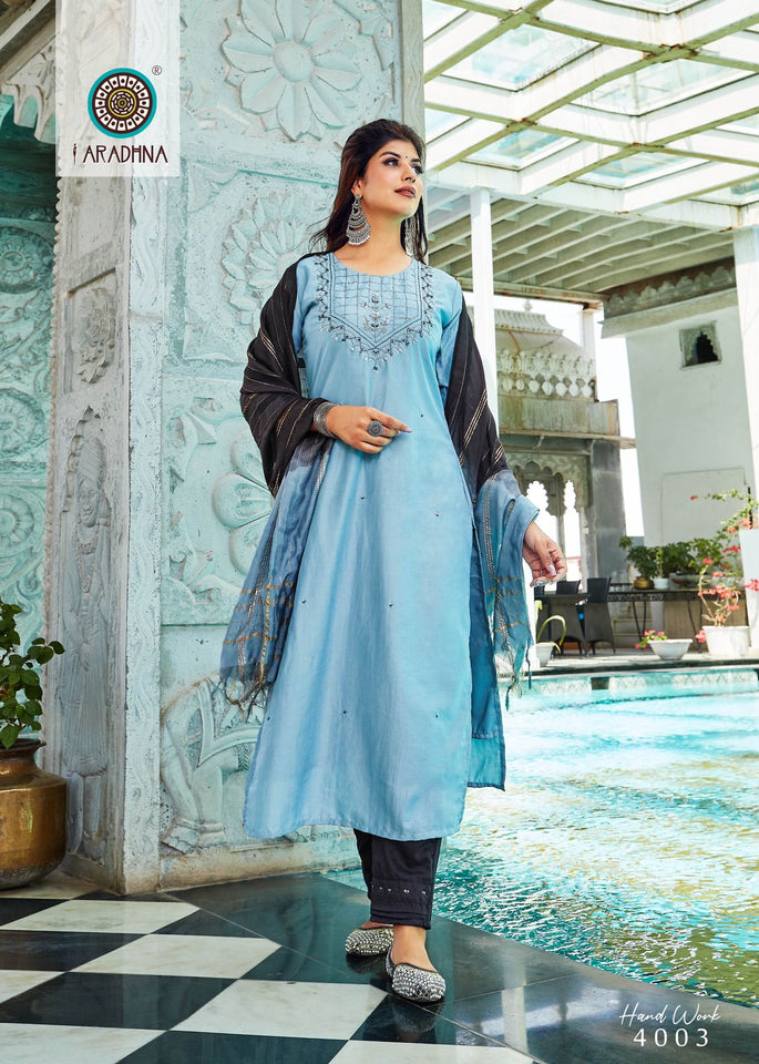 Aqua Cotton Silk with Hand Work(Full Inner) Indian Ethnic Kurti With Dupata