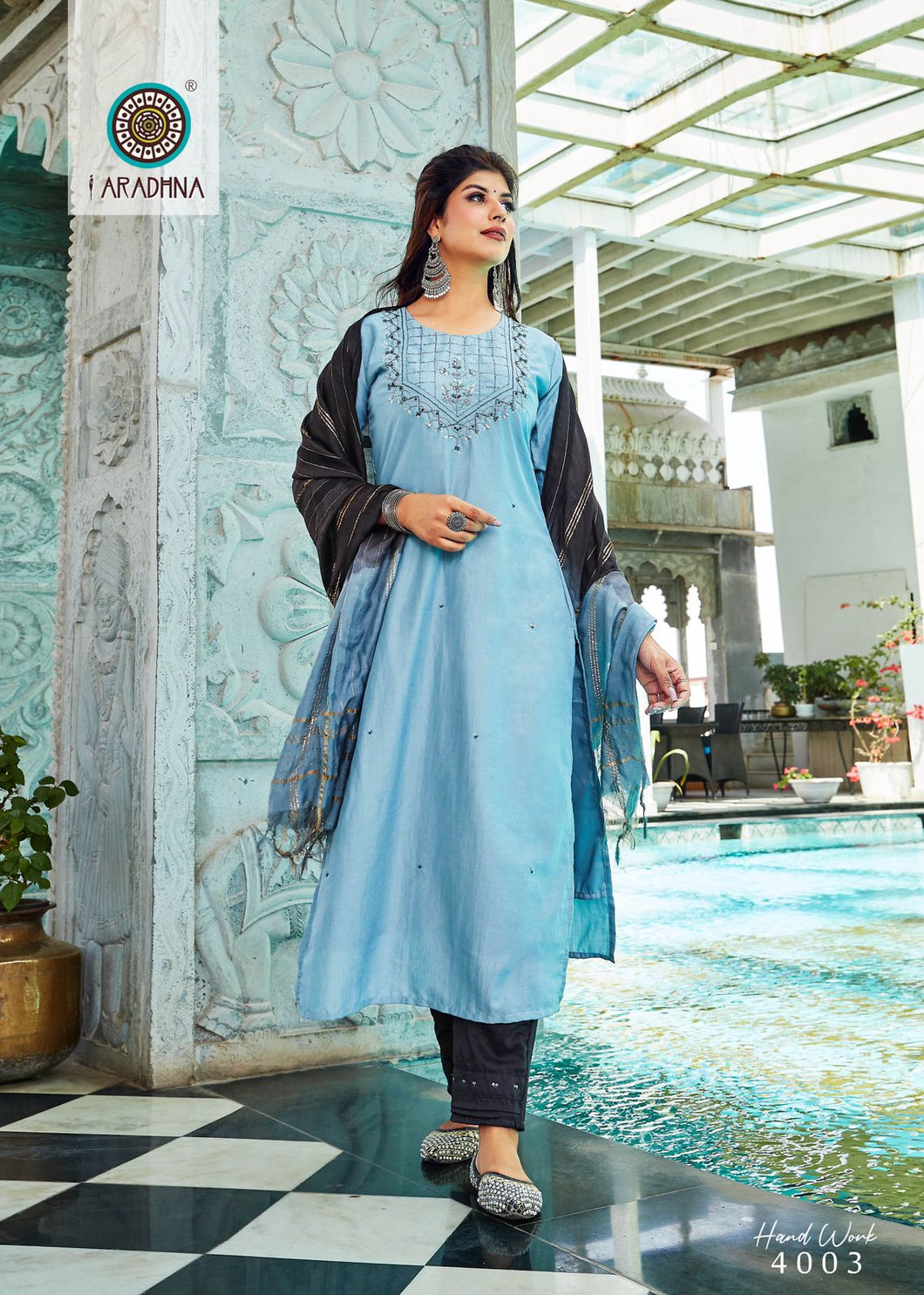 Aqua Cotton Silk with Hand Work(Full Inner) Indian Ethnic Kurti With Dupata