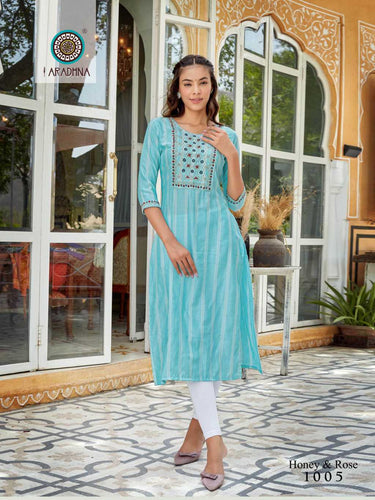 Aqua Viscose with Striped Pattern & Finely Done Embroidery Indian Ethnic Kurti With Dupata