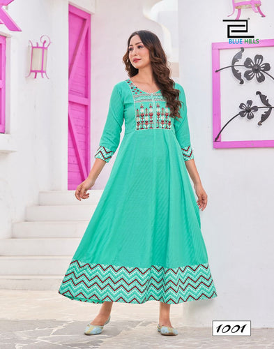 Aqua Rayon Dobby with Print & Computer Embroidery Indian Ethnic kurti with dupata
