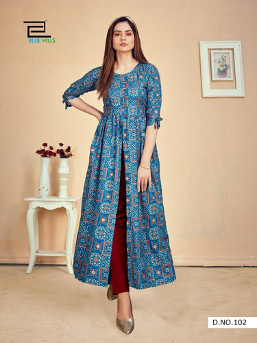 Aqua Rayon with Foil Print Indian Ethnic kurti with dupata