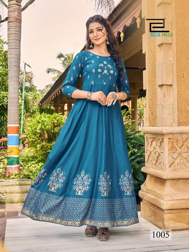 Aqua Rayon Foil Print with Classic Embroidery Indian Ethnic kurti with dupata