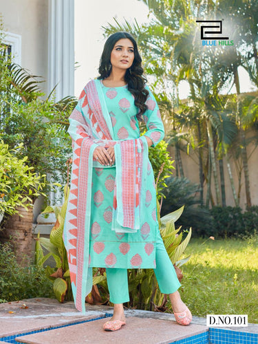 Aqua Pure Cotton Cambric Print Indian Ethnic kurti with dupata
