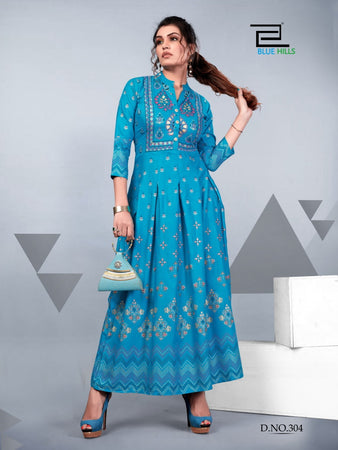 Aqua Rayon with Foil Print Indian Ethnic kurti with dupata