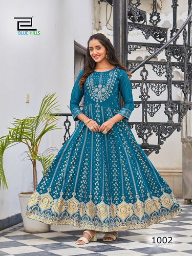 Aqua Rayon Foil Print Indian Ethnic kurti with dupata