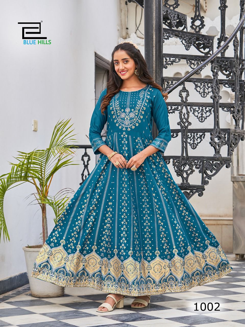 Aqua Rayon Foil Print Indian Ethnic kurti with dupata