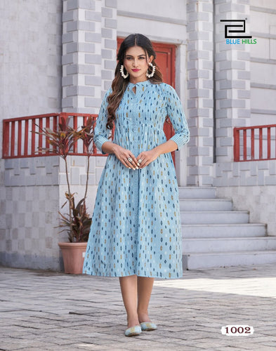 Aqua Cotton Cabric Ikkat Print Indian Ethnic Kurti With Dupata