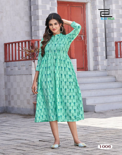 Aqua Cotton Cabric Ikkat Print Indian Ethnic Kurti With Dupata
