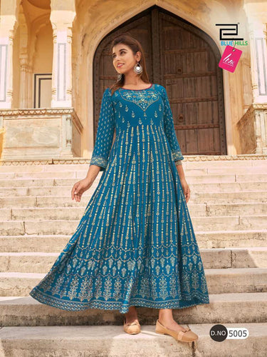 Aqua Foil Print Indian Ethnic kurti with dupata