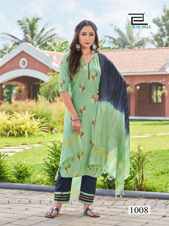 Aqua Rayon with Foil Print & Silai Pattern Indian Ethnic kurti with dupata