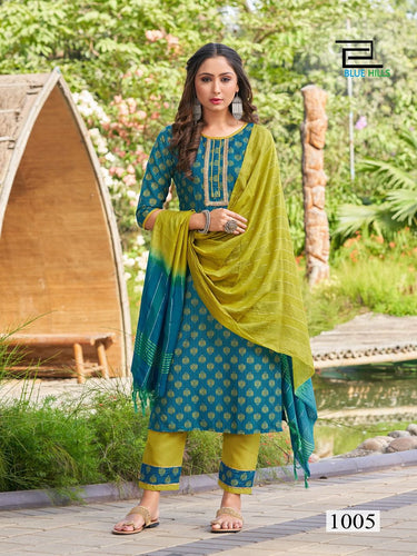 Aqua Rayon with Foil Print & Silai Pattern Indian Ethnic kurti with dupata