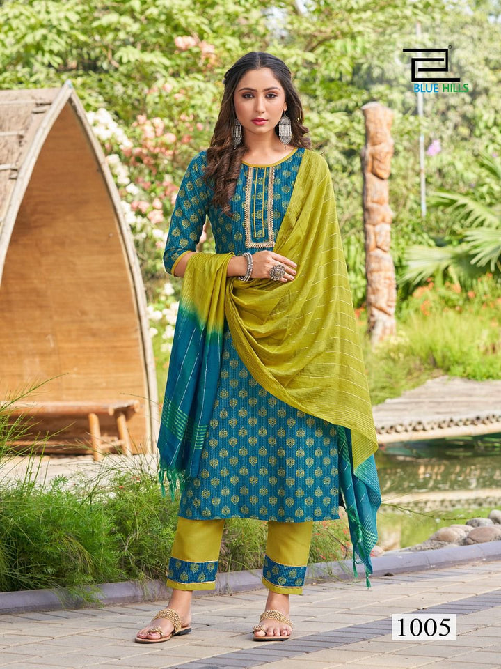 Aqua Rayon with Foil Print & Silai Pattern Indian Ethnic kurti with dupata