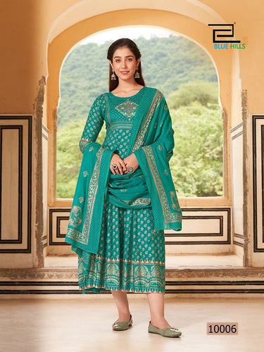 Aqua Rayon Foil Print Indian Ethnic kurti with dupata