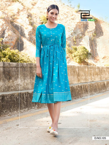 Aqua Rayon Gold Print Indian Ethnic kurti with dupata