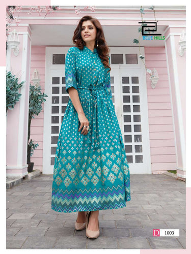 Aqua Rayon with Foil Print Indian Ethnic kurti with dupata