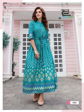 Aqua Rayon with Foil Print Indian Ethnic kurti with dupata