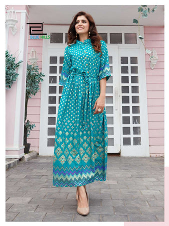 Aqua Rayon with Foil Print Indian Ethnic kurti with dupata