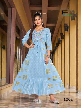 Aqua Heavy Cotton Cambric with Stylish Embroidery Indian Ethnic Kurti With Dupata