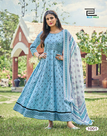 Aqua Cotton Cambric Print with Styles Neck Embroidery & Lace Indian Ethnic kurti with dupata