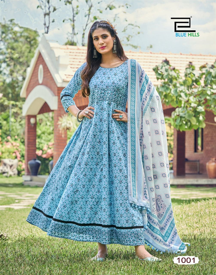 Aqua Cotton Cambric Print with Styles Neck Embroidery & Lace Indian Ethnic kurti with dupata