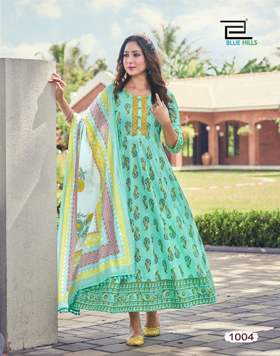 Aqua Cotton Cambric Print with Styles Neck Embroidery & Lace Indian Ethnic kurti with dupata