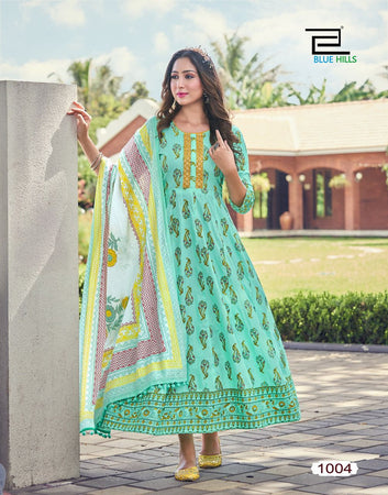 Aqua Cotton Cambric Print with Styles Neck Embroidery & Lace Indian Ethnic kurti with dupata