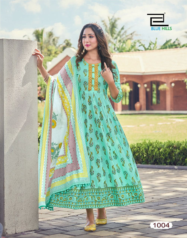 Aqua Cotton Cambric Print with Styles Neck Embroidery & Lace Indian Ethnic kurti with dupata