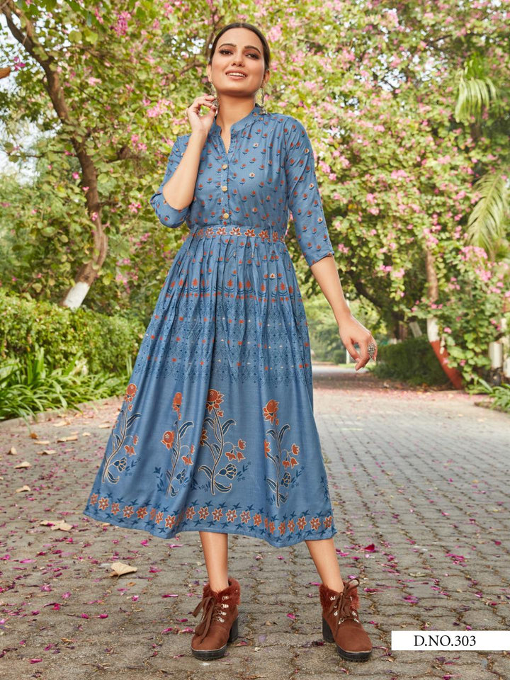Aqua Rayon Slub Indian Ethnic kurti with dupata