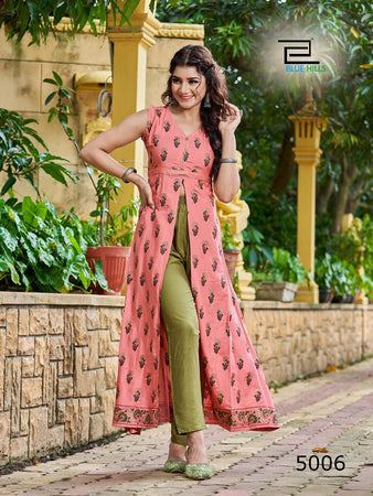 Aqua Rayon with Foil Print Center Cut & Sleeve Attach Inside Indian Ethnic kurti with dupata
