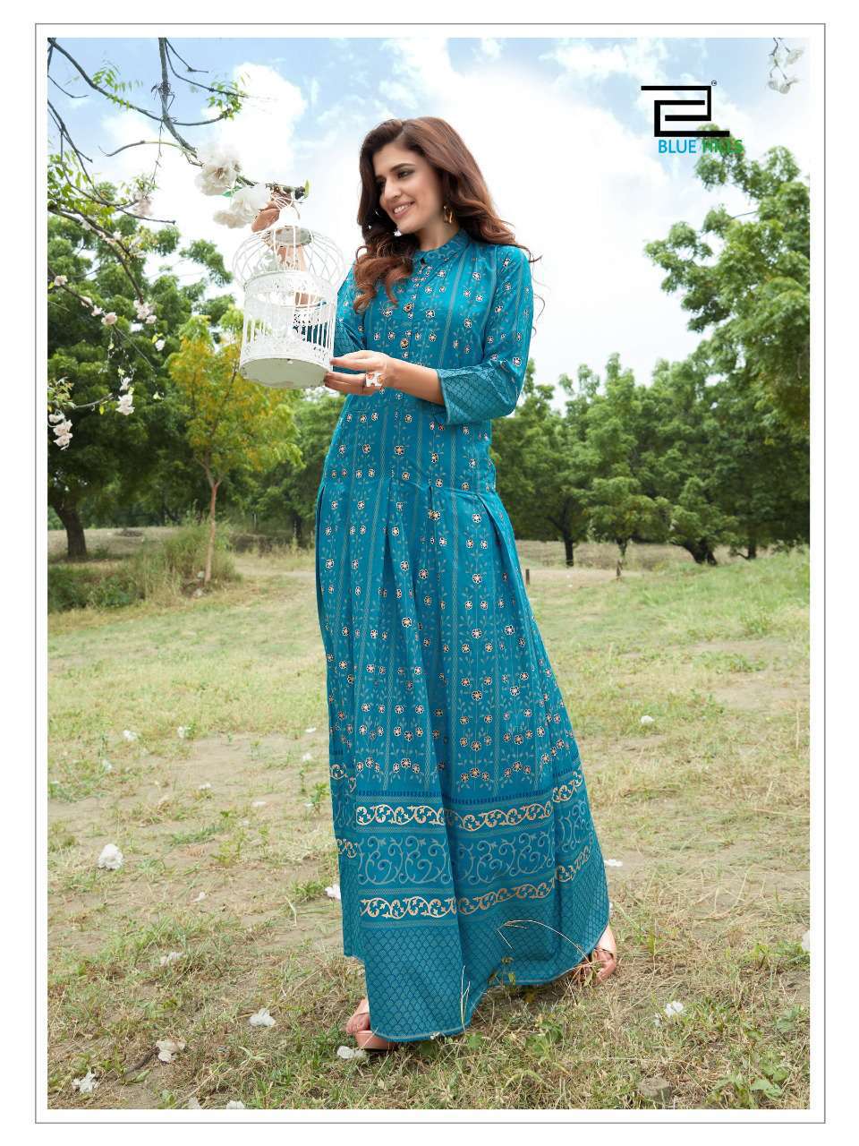 Aqua Rayon with Foil Print Indian Ethnic kurti with dupata