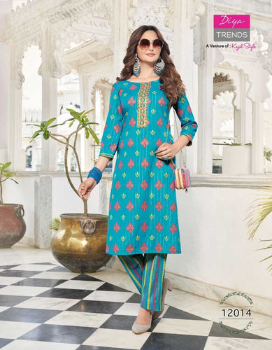 Aqua Heavy Rayon Classy Gold Print Indian Ethnic kurti with dupata