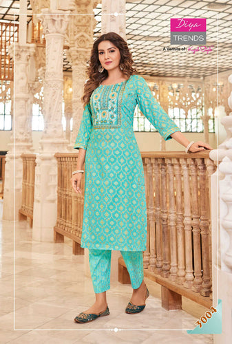 Aqua Two Tone Rayon Gold Print Indian ethnic kurti with dupata