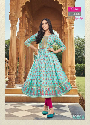 Aqua Rayon with Fancy Embroidery Work & Classy Prints Indian Ethnic kurti with dupata