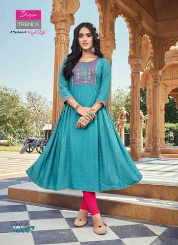 Aqua Rayon with Fancy Embroidery Work & Classy Prints Indian Ethnic kurti with dupata