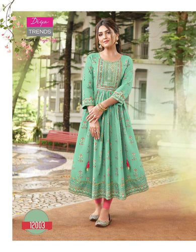Aqua Rayon with Sequence Embroidery Work & Classy Gold Prints Indian Ethnic kurti with dupata