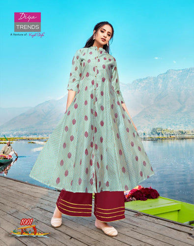 Aqua Modal Chanderi Cora Fancy Embroidery Work Classy Print Indian Ethnic kurti with dupata