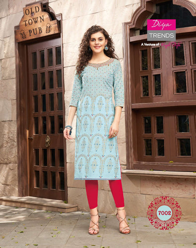Aqua Straight Rayon Printed Indian Ethnic kurti with dupata