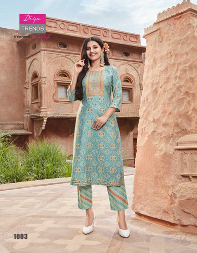 Aqua Chanderi Foil Print with Sequence Embroidery Indian Ethnic kurti with dupata